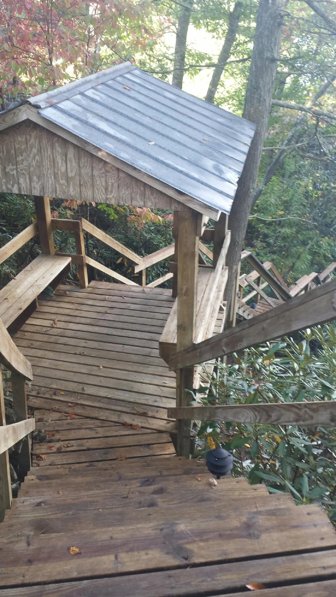 Metal roofed shelter over wooden steps on a wooded walkway — Skylight Repair & Installation work by our crew in Pollock